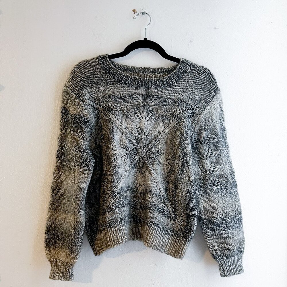 VINTAGE Knit Wool Lace Yoke Sweater Scandinavian/Icelandic‎ Style Grey Pullover